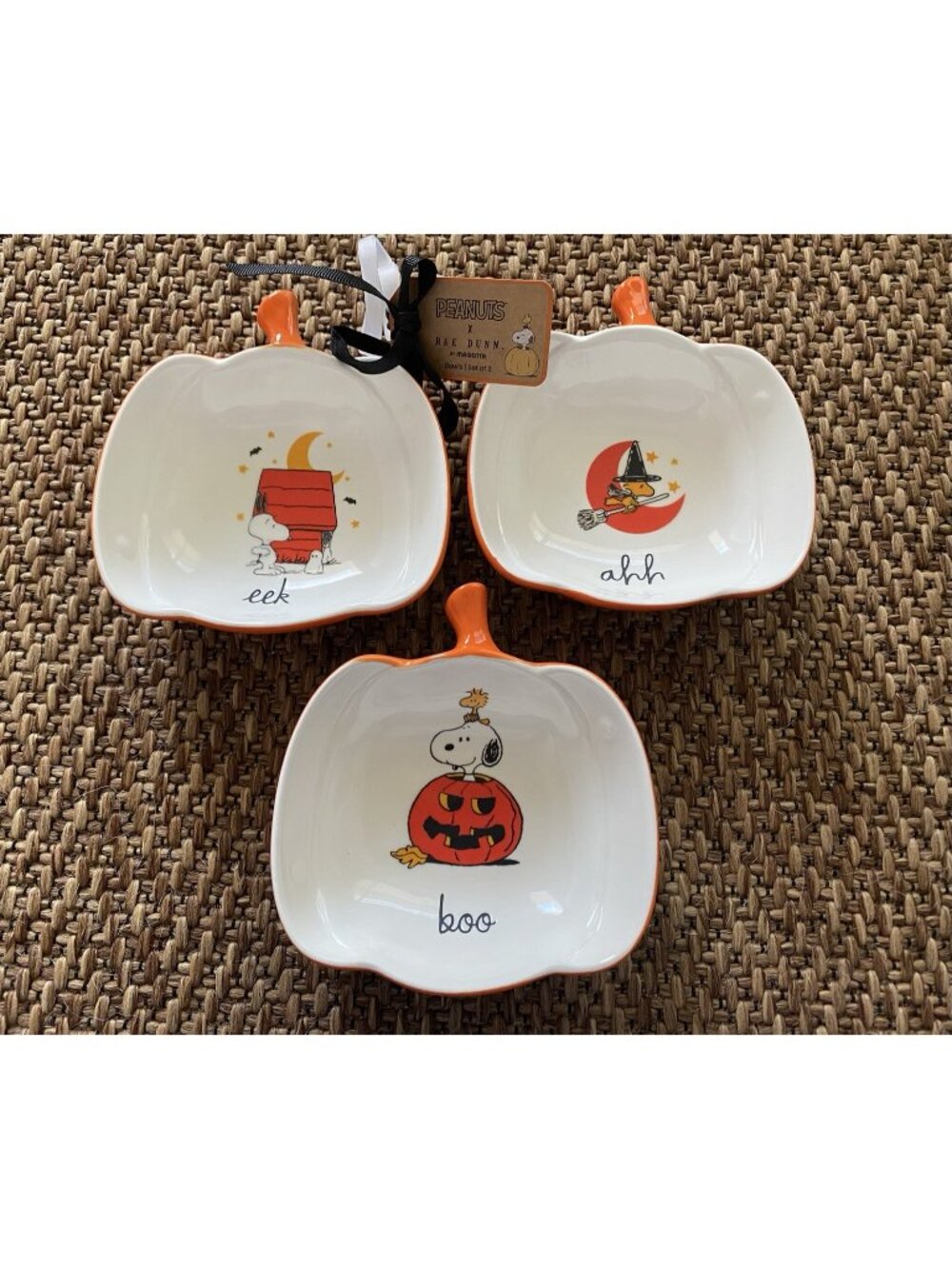 Set‎ Of 3 Rae Dunn Peanuts Snoopy Woodstock Halloween Snack Ceramic Mini Bowls